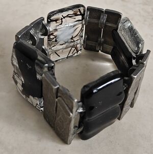 Modernist Fused Glass & Pewter Wide Bracelet By Cre-Art